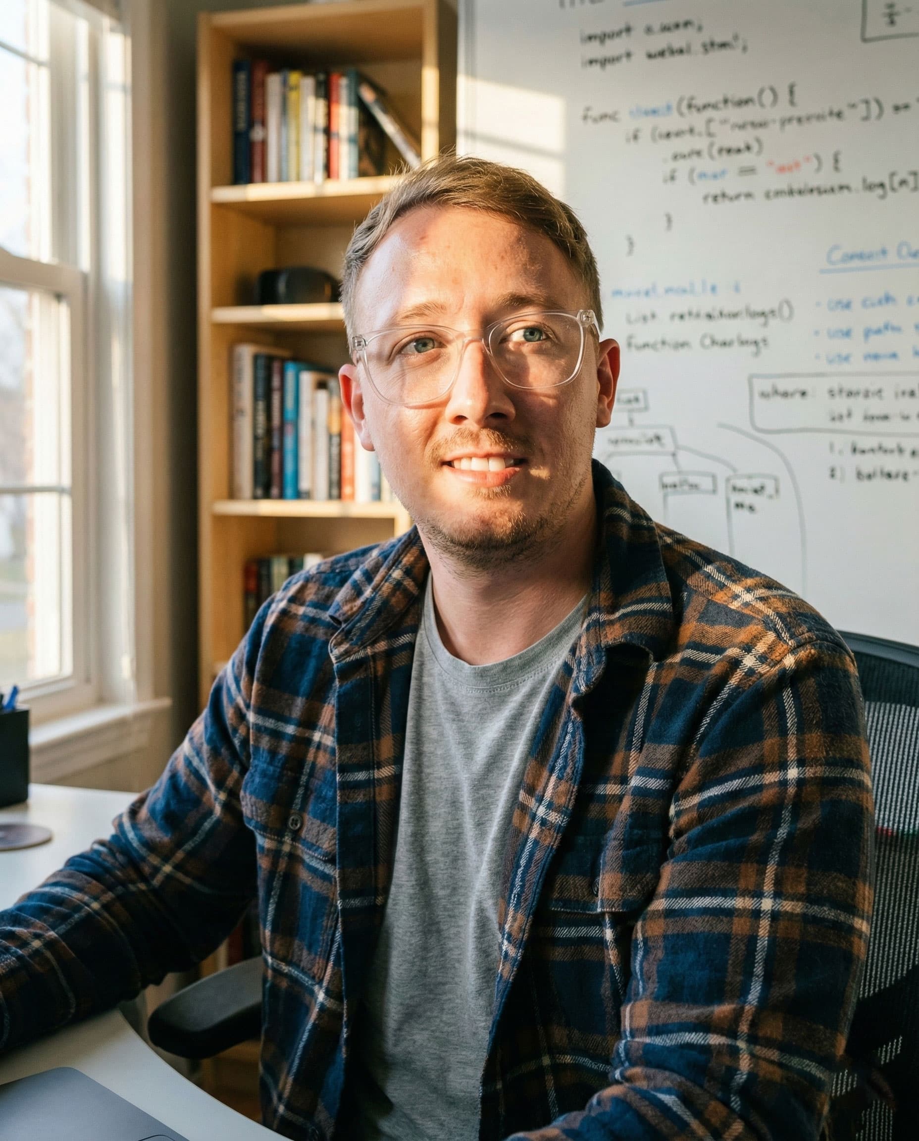 Ethan Harwood working beside a whiteboard at KinKo Digital