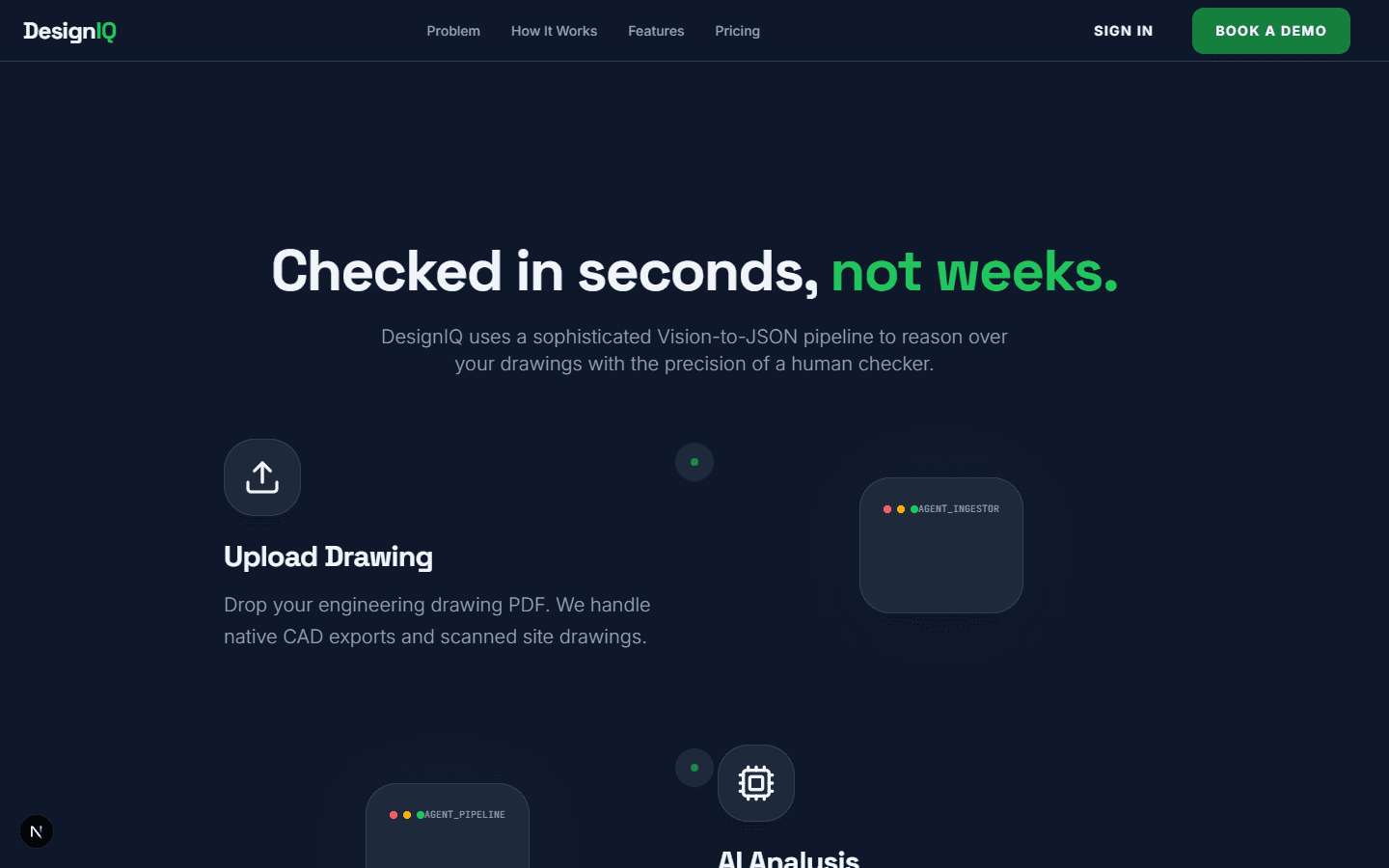 DesignIQ how it works section showing the drawing check flow