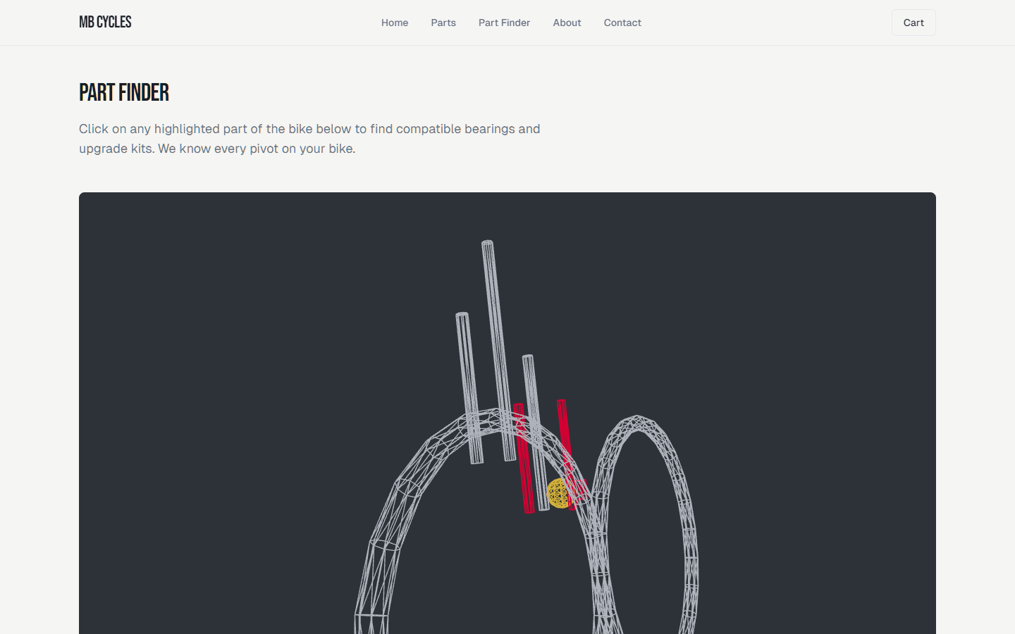 The MB Cycles part finder showing a wireframe bike with clickable highlighted parts